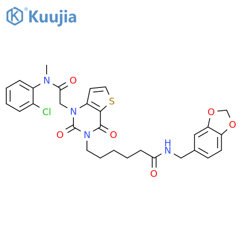 N-(2H-1,3-benzodioxol-5-yl)methyl-6-1-({(2-chlorophenyl)methylcarbamoyl}methyl)-2,4-dioxo-1H,2H,3H,4H-thieno3,2-dpyrimidin-3-ylhexanamide structure
