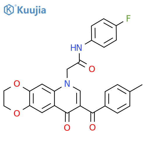 N-(4-fluorophenyl)-2-8-(4-methylbenzoyl)-9-oxo-2H,3H,6H,9H-1,4dioxino2,3-gquinolin-6-ylacetamide structure