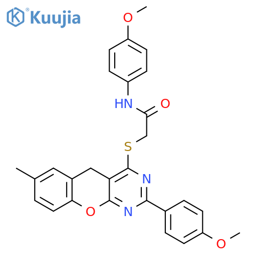 N-(4-methoxyphenyl)-2-{2-(4-methoxyphenyl)-7-methyl-5H-chromeno2,3-dpyrimidin-4-ylsulfanyl}acetamide structure