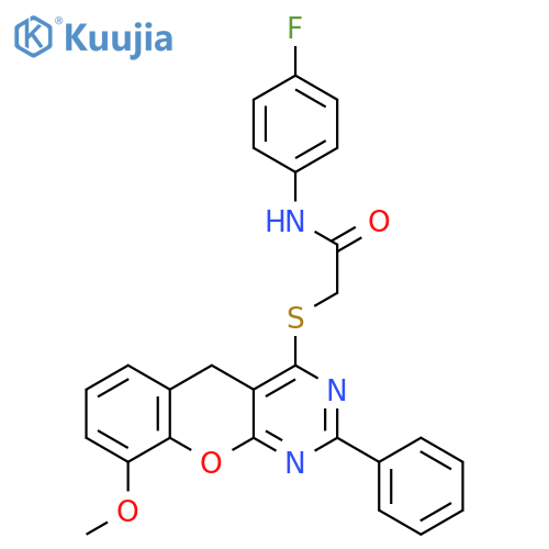 N-(4-fluorophenyl)-2-({9-methoxy-2-phenyl-5H-chromeno2,3-dpyrimidin-4-yl}sulfanyl)acetamide structure