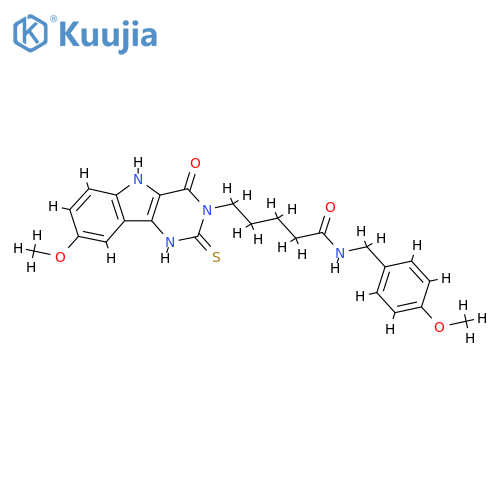 5-{8-methoxy-4-oxo-2-sulfanylidene-1H,2H,3H,4H,5H-pyrimido5,4-bindol-3-yl}-N-(4-methoxyphenyl)methylpentanamide structure