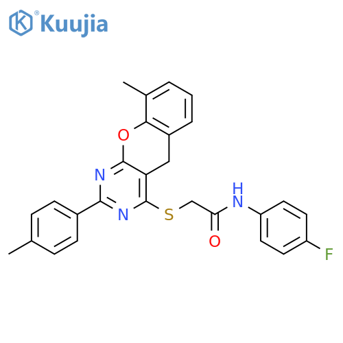 N-(4-fluorophenyl)-2-{9-methyl-2-(4-methylphenyl)-5H-chromeno2,3-dpyrimidin-4-ylsulfanyl}acetamide structure