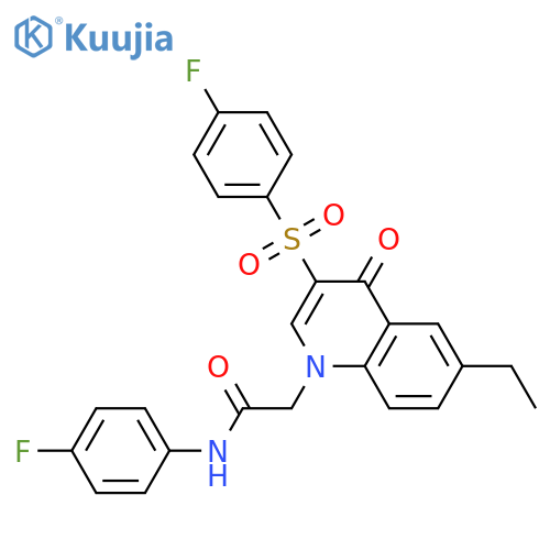 2-6-ethyl-3-(4-fluorobenzenesulfonyl)-4-oxo-1,4-dihydroquinolin-1-yl-N-(4-fluorophenyl)acetamide structure