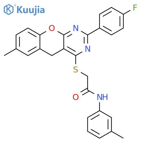 2-{2-(4-fluorophenyl)-7-methyl-5H-chromeno2,3-dpyrimidin-4-ylsulfanyl}-N-(3-methylphenyl)acetamide structure