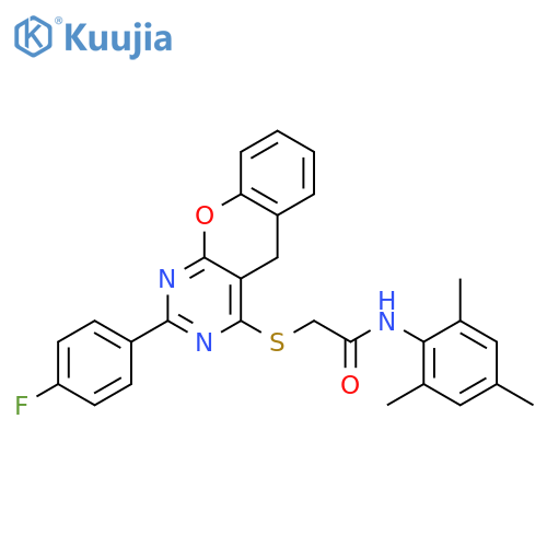 2-{2-(4-fluorophenyl)-5H-chromeno2,3-dpyrimidin-4-ylsulfanyl}-N-(2,4,6-trimethylphenyl)acetamide structure