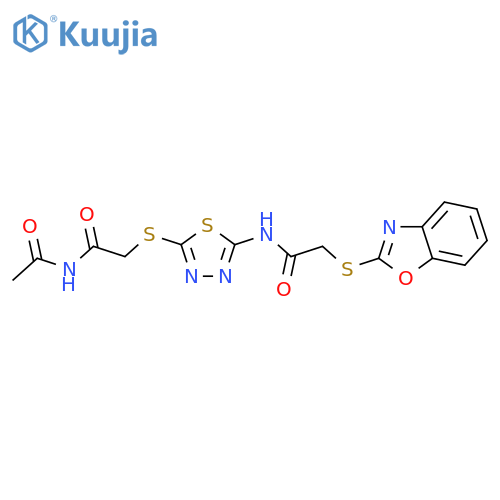 <br>N-(5-{[2-(acetylamino)-2-oxoethyl]thio}-1,3,4-thiadiazol-2-yl)-2-(1,3-benzo xazol-2-ylthio)acetamide structure