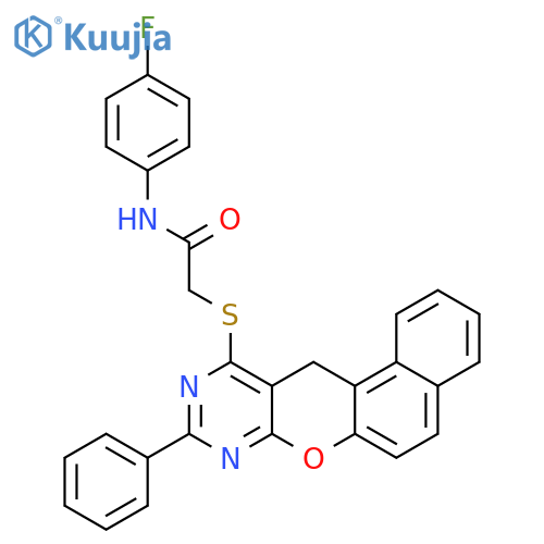 N-(4-fluorophenyl)-2-(2-phenyl-5H-12-oxa-1,3-diazatetraphen-4-yl)sulfanylacetamide structure