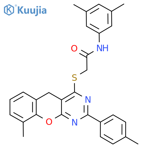 N-(3,5-dimethylphenyl)-2-{9-methyl-2-(4-methylphenyl)-5H-chromeno2,3-dpyrimidin-4-ylsulfanyl}acetamide structure