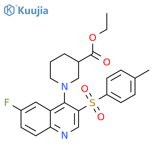 ethyl 1-6-fluoro-3-(4-methylbenzenesulfonyl)quinolin-4-ylpiperidine-3-carboxylate structure
