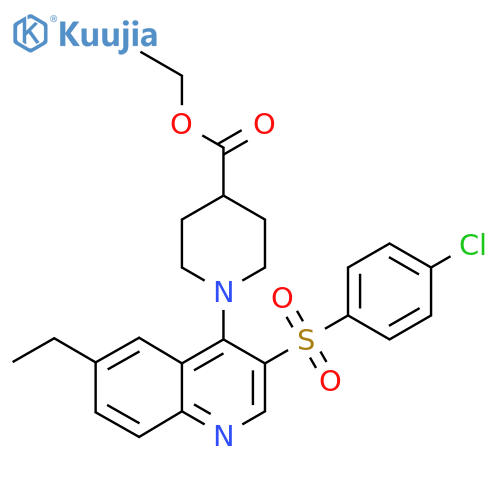 ethyl 1-3-(4-chlorobenzenesulfonyl)-6-ethylquinolin-4-ylpiperidine-4-carboxylate structure