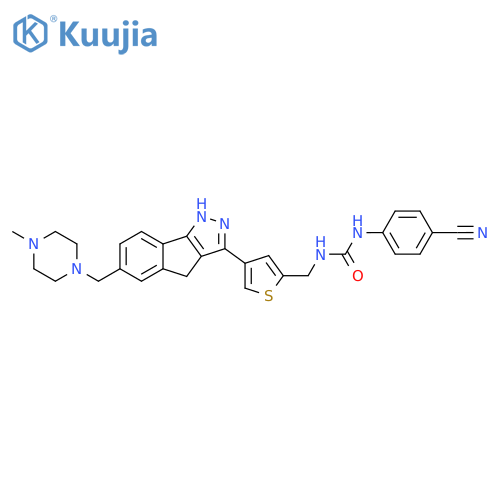 Urea,N-(4-cyanophenyl)-N'-[[4-[1,4-dihydro-6-[(4-methyl-1-piperazinyl)methyl]indeno[1,2-c]pyrazol-3-yl]-2-thienyl]methyl]- structure