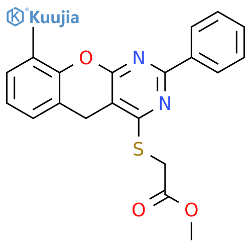 methyl 2-({9-methyl-2-phenyl-5H-chromeno2,3-dpyrimidin-4-yl}sulfanyl)acetate structure