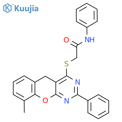 2-({9-methyl-2-phenyl-5H-chromeno2,3-dpyrimidin-4-yl}sulfanyl)-N-phenylacetamide structure