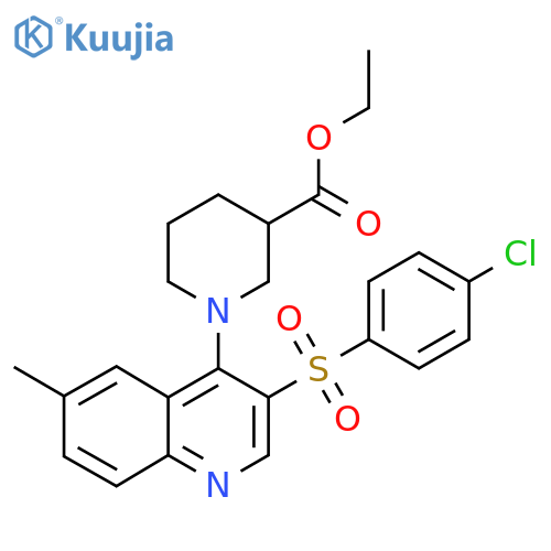 ethyl 1-3-(4-chlorobenzenesulfonyl)-6-methylquinolin-4-ylpiperidine-3-carboxylate structure