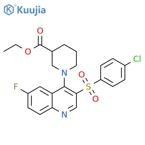 ethyl 1-3-(4-chlorobenzenesulfonyl)-6-fluoroquinolin-4-ylpiperidine-3-carboxylate structure
