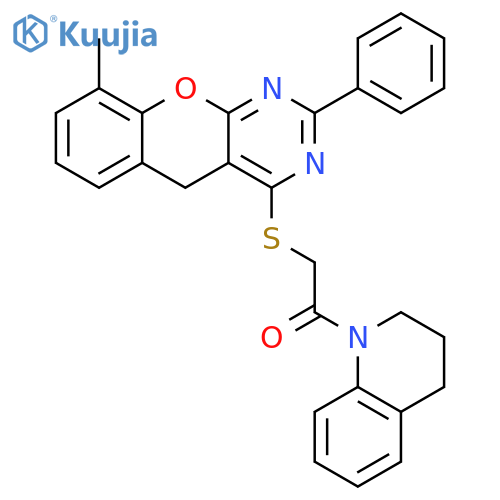 2-({9-methyl-2-phenyl-5H-chromeno2,3-dpyrimidin-4-yl}sulfanyl)-1-(1,2,3,4-tetrahydroquinolin-1-yl)ethan-1-one structure