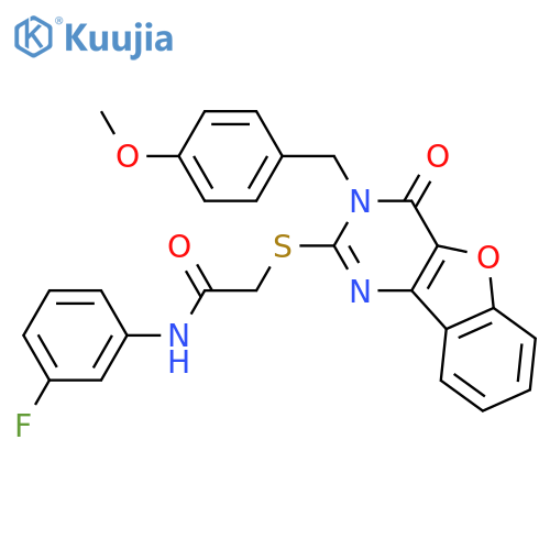 N-(3-fluorophenyl)-2-({5-(4-methoxyphenyl)methyl-6-oxo-8-oxa-3,5-diazatricyclo7.4.0.0^{2,7}trideca-1(9),2(7),3,10,12-pentaen-4-yl}sulfanyl)acetamide structure
