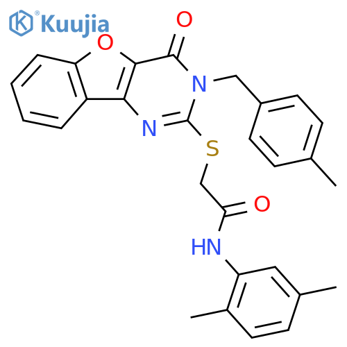N-(2,5-dimethylphenyl)-2-({5-(4-methylphenyl)methyl-6-oxo-8-oxa-3,5-diazatricyclo7.4.0.0^{2,7}trideca-1(9),2(7),3,10,12-pentaen-4-yl}sulfanyl)acetamide structure