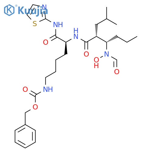 Carbamic acid, N-[(5S)-5-[[(2R,3S)-3-(formylhydroxyamino)-2-(2-methylpropyl)-1-oxohexyl]amino]-6-oxo-6-(2-thiazolylamino)hexyl]-, phenylmethyl ester structure