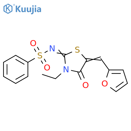 N-(2E,5Z)-3-ethyl-5-(furan-2-yl)methylidene-4-oxo-1,3-thiazolidin-2-ylidenebenzenesulfonamide structure