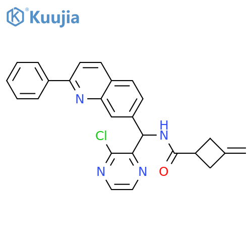 N-((3-chloropyrazin-2-yl)(2-phenylquinolin-7-yl)methyl)-3-methylenecyclobutanecarboxamide structure