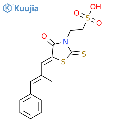 2-(5Z)-5-(2E)-2-methyl-3-phenylprop-2-en-1-ylidene-4-oxo-2-sulfanylidene-1,3-thiazolidin-3-ylethane-1-sulfonic acid structure
