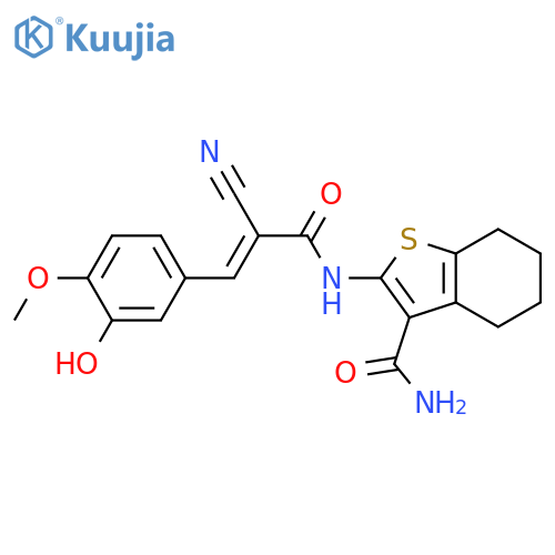 2-(2E)-2-cyano-3-(3-hydroxy-4-methoxyphenyl)prop-2-enamido-4,5,6,7-tetrahydro-1-benzothiophene-3-carboxamide structure
