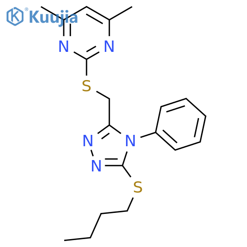 2-({5-(butylsulfanyl)-4-phenyl-4H-1,2,4-triazol-3-ylmethyl}sulfanyl)-4,6-dimethylpyrimidine structure