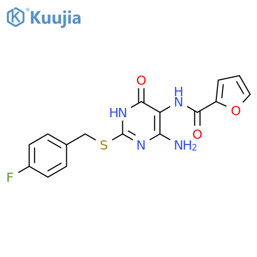 N-(4-amino-2-{(4-fluorophenyl)methylsulfanyl}-6-oxo-1,6-dihydropyrimidin-5-yl)furan-2-carboxamide structure