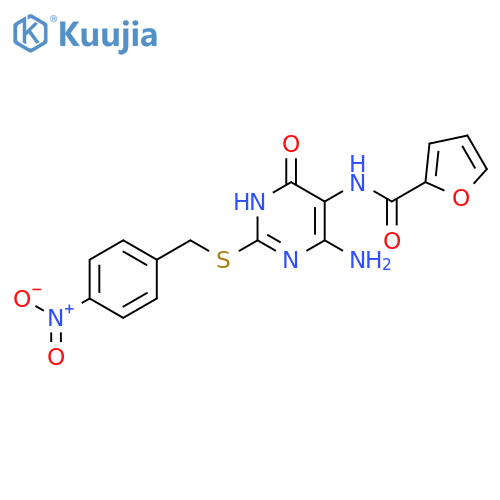 N-(4-amino-2-{(4-nitrophenyl)methylsulfanyl}-6-oxo-1,6-dihydropyrimidin-5-yl)furan-2-carboxamide structure