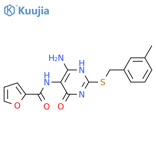 N-(4-amino-2-{(3-methylphenyl)methylsulfanyl}-6-oxo-1,6-dihydropyrimidin-5-yl)furan-2-carboxamide structure