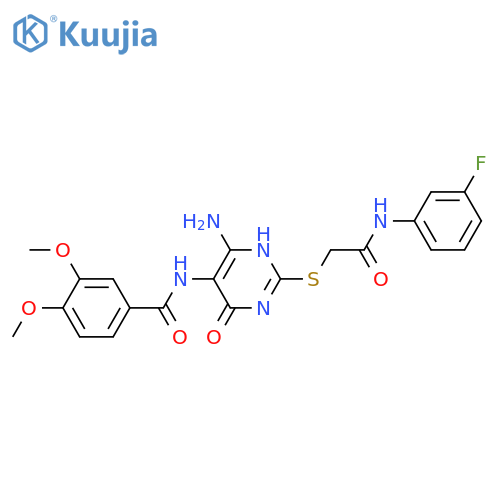N-4-amino-2-({(3-fluorophenyl)carbamoylmethyl}sulfanyl)-6-oxo-1,6-dihydropyrimidin-5-yl-3,4-dimethoxybenzamide structure
