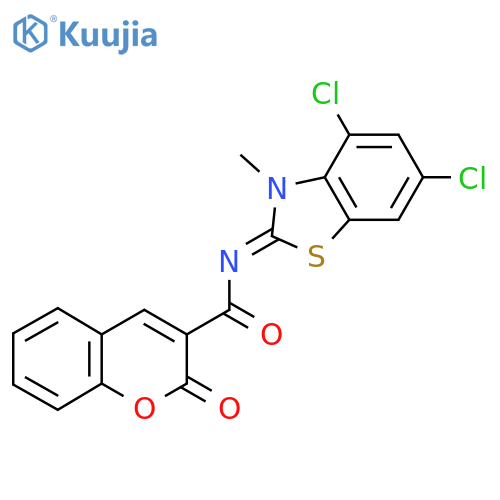 N-(2Z)-4,6-dichloro-3-methyl-2,3-dihydro-1,3-benzothiazol-2-ylidene-2-oxo-2H-chromene-3-carboxamide structure