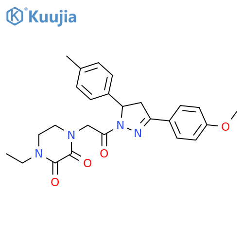 1-ethyl-4-{2-3-(4-methoxyphenyl)-5-(4-methylphenyl)-4,5-dihydro-1H-pyrazol-1-yl-2-oxoethyl}piperazine-2,3-dione structure