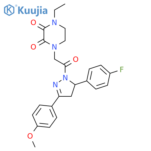 1-ethyl-4-{2-5-(4-fluorophenyl)-3-(4-methoxyphenyl)-4,5-dihydro-1H-pyrazol-1-yl-2-oxoethyl}piperazine-2,3-dione structure