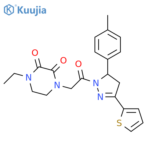 1-ethyl-4-{2-5-(4-methylphenyl)-3-(thiophen-2-yl)-4,5-dihydro-1H-pyrazol-1-yl-2-oxoethyl}piperazine-2,3-dione structure