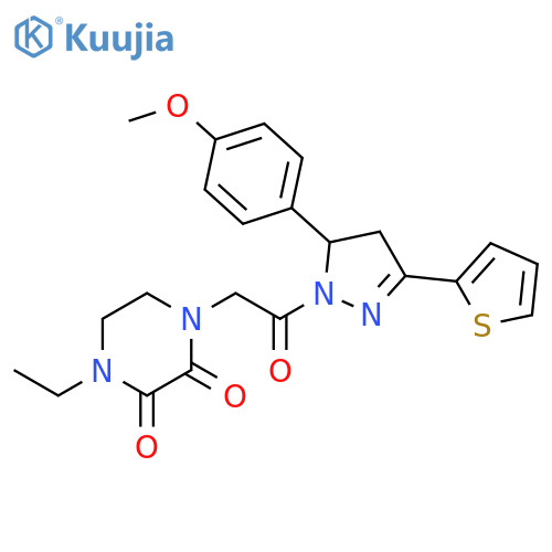 1-ethyl-4-{2-5-(4-methoxyphenyl)-3-(thiophen-2-yl)-4,5-dihydro-1H-pyrazol-1-yl-2-oxoethyl}piperazine-2,3-dione structure