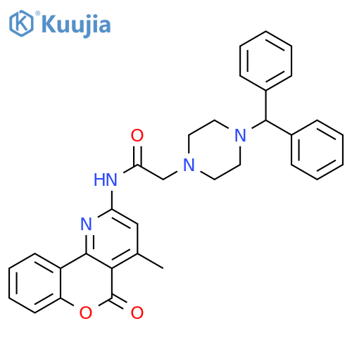 2-4-(diphenylmethyl)piperazin-1-yl-N-{4-methyl-5-oxo-5H-chromeno4,3-bpyridin-2-yl}acetamide structure