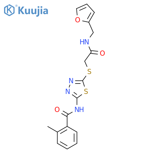 N-{5-({(furan-2-yl)methylcarbamoyl}methyl)sulfanyl-1,3,4-thiadiazol-2-yl}-2-methylbenzamide structure