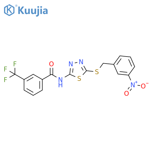 N-(5-{(3-nitrophenyl)methylsulfanyl}-1,3,4-thiadiazol-2-yl)-3-(trifluoromethyl)benzamide structure