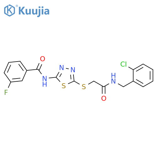 N-{5-({(2-chlorophenyl)methylcarbamoyl}methyl)sulfanyl-1,3,4-thiadiazol-2-yl}-3-fluorobenzamide structure