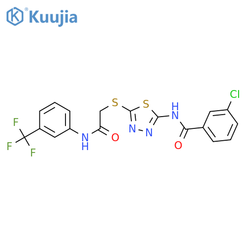 3-chloro-N-{5-({3-(trifluoromethyl)phenylcarbamoyl}methyl)sulfanyl-1,3,4-thiadiazol-2-yl}benzamide structure