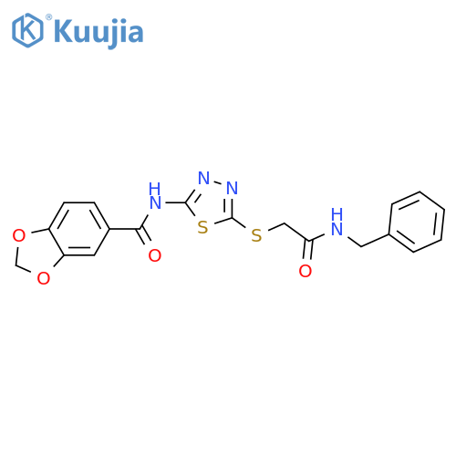 N-(5-{(benzylcarbamoyl)methylsulfanyl}-1,3,4-thiadiazol-2-yl)-2H-1,3-benzodioxole-5-carboxamide structure