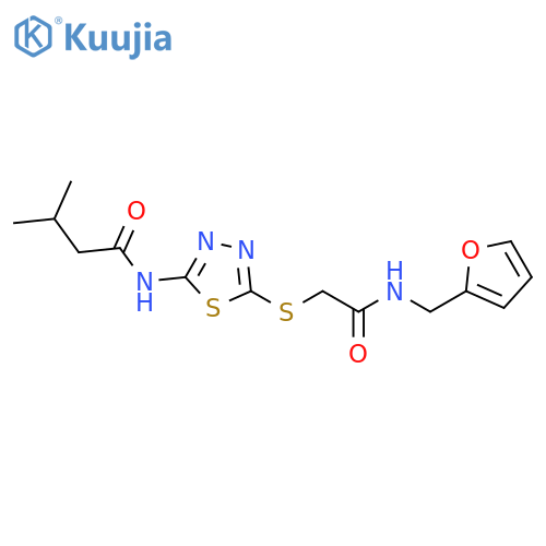 N-{5-({(furan-2-yl)methylcarbamoyl}methyl)sulfanyl-1,3,4-thiadiazol-2-yl}-3-methylbutanamide structure