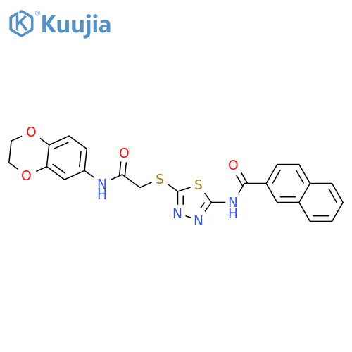 N-5-({(2,3-dihydro-1,4-benzodioxin-6-yl)carbamoylmethyl}sulfanyl)-1,3,4-thiadiazol-2-ylnaphthalene-2-carboxamide structure