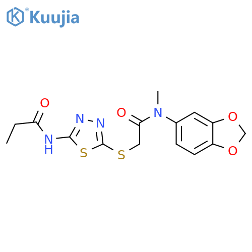 N-{5-({(2H-1,3-benzodioxol-5-yl)methylcarbamoyl}methyl)sulfanyl-1,3,4-thiadiazol-2-yl}propanamide structure