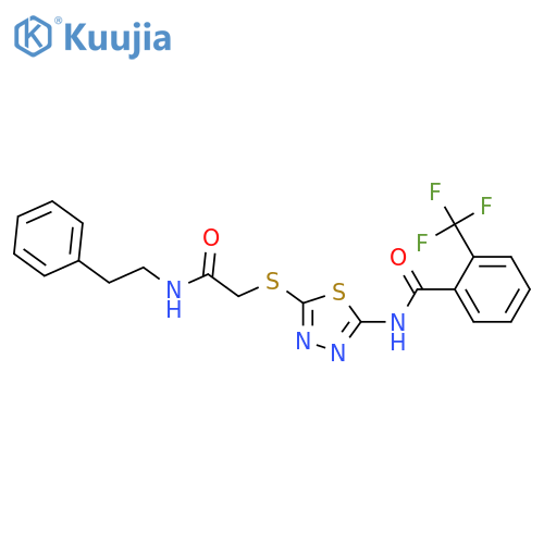 N-5-({(2-phenylethyl)carbamoylmethyl}sulfanyl)-1,3,4-thiadiazol-2-yl-2-(trifluoromethyl)benzamide structure