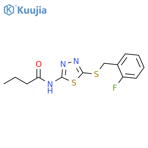 N-(5-{(2-fluorophenyl)methylsulfanyl}-1,3,4-thiadiazol-2-yl)butanamide structure