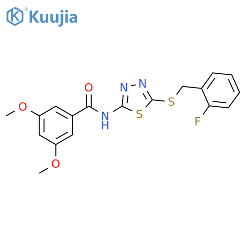 N-(5-{(2-fluorophenyl)methylsulfanyl}-1,3,4-thiadiazol-2-yl)-3,5-dimethoxybenzamide structure