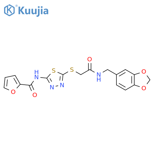 N-{5-({(2H-1,3-benzodioxol-5-yl)methylcarbamoyl}methyl)sulfanyl-1,3,4-thiadiazol-2-yl}furan-2-carboxamide structure